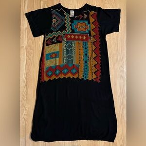 Azteca Black w/ Colorful Geometric Print Short-Sleeved Shift Maxi Dress, Size XL